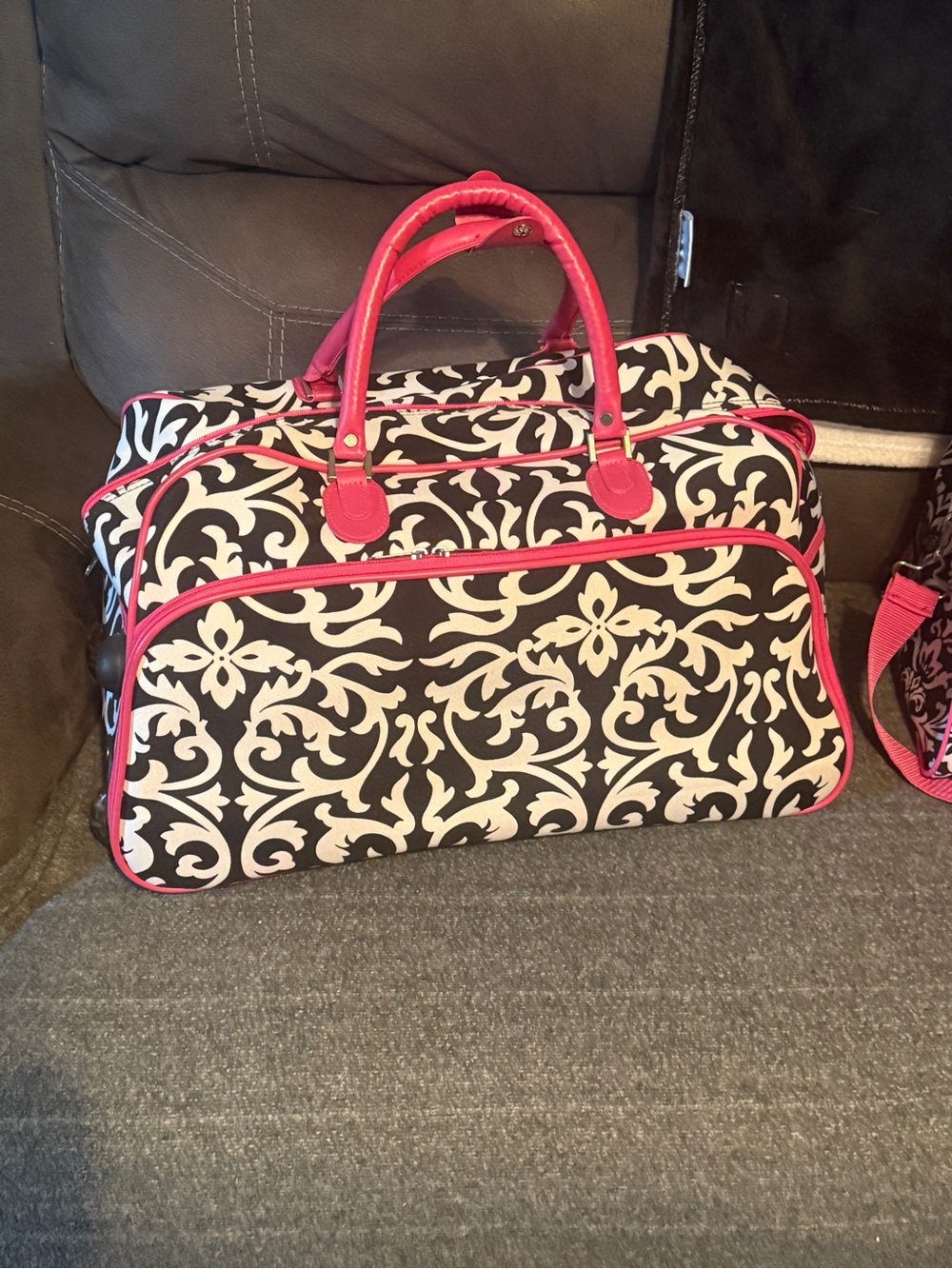 Black & white Damask Rolling Duffle with Pink Trim